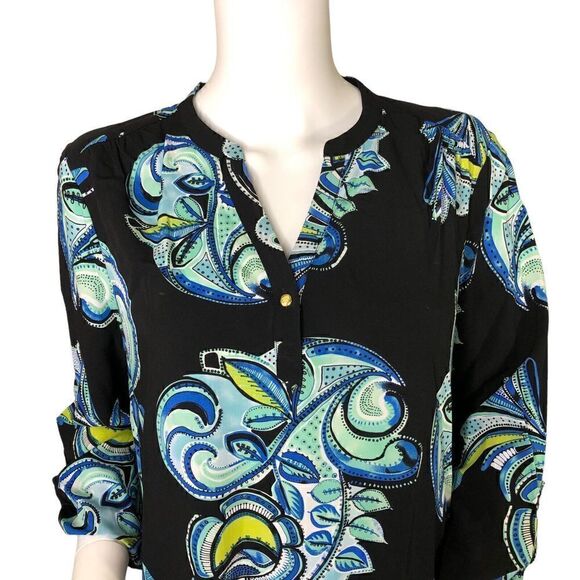 Kaari Blue Women's MIDI Dress 10 Shift Paisley Roll Tab Sleeve V Neck Rayon - Picture 4 of 9